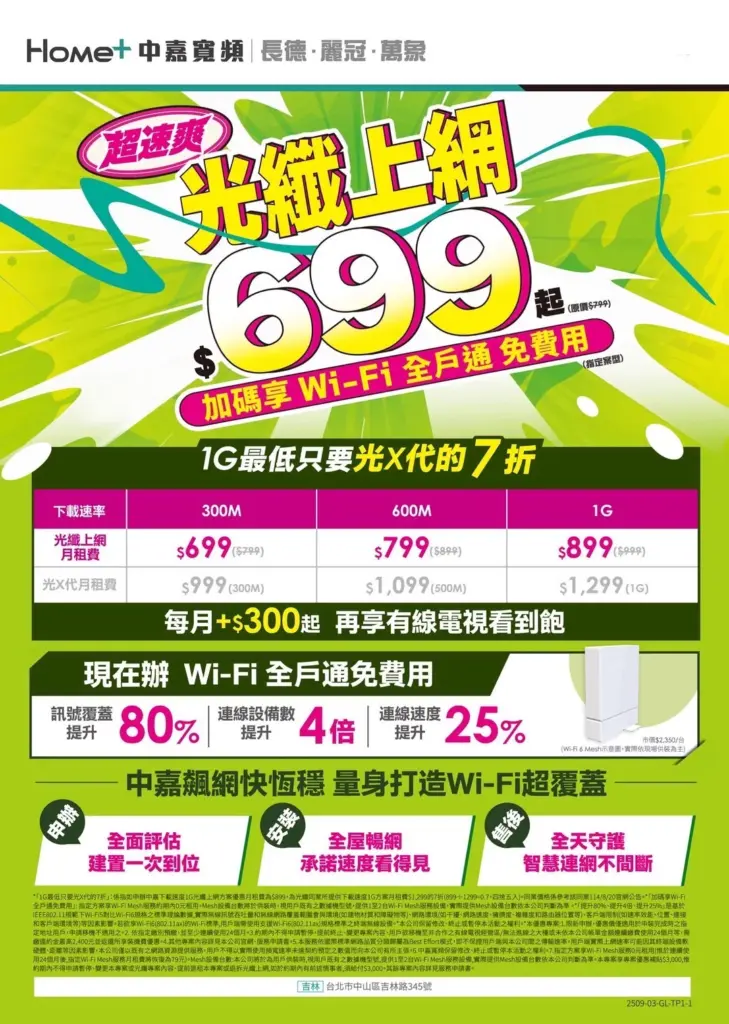 中嘉寬頻|麗冠網路優惠!最低只要699,再享Wi-Fi全戶通免租用