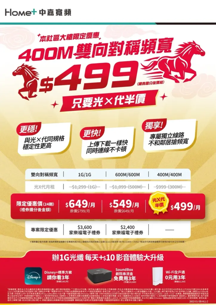 中嘉寬頻｜麗冠限定優惠！400M 雙向對稱光纖上網月付 $499 起，再享豪禮